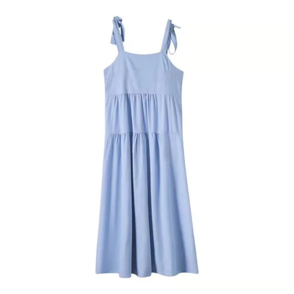 SB111 Lake-blue Bow Slip Dress Summer Lace-up Mid Length Dress
